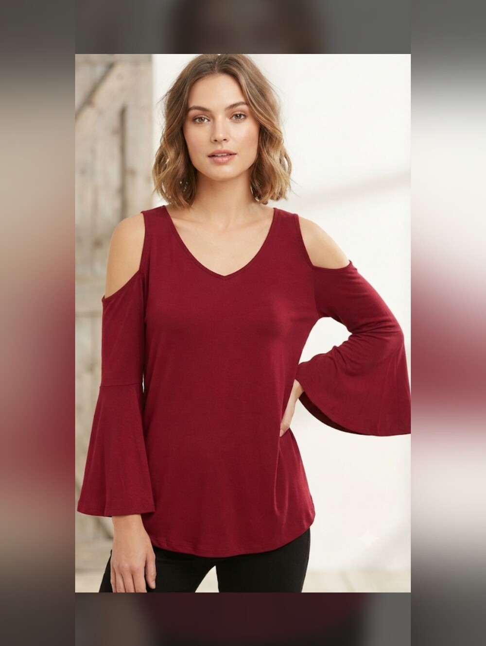 Cold-Shoulder V-Neck Bell Sleeve Top - Burgundy